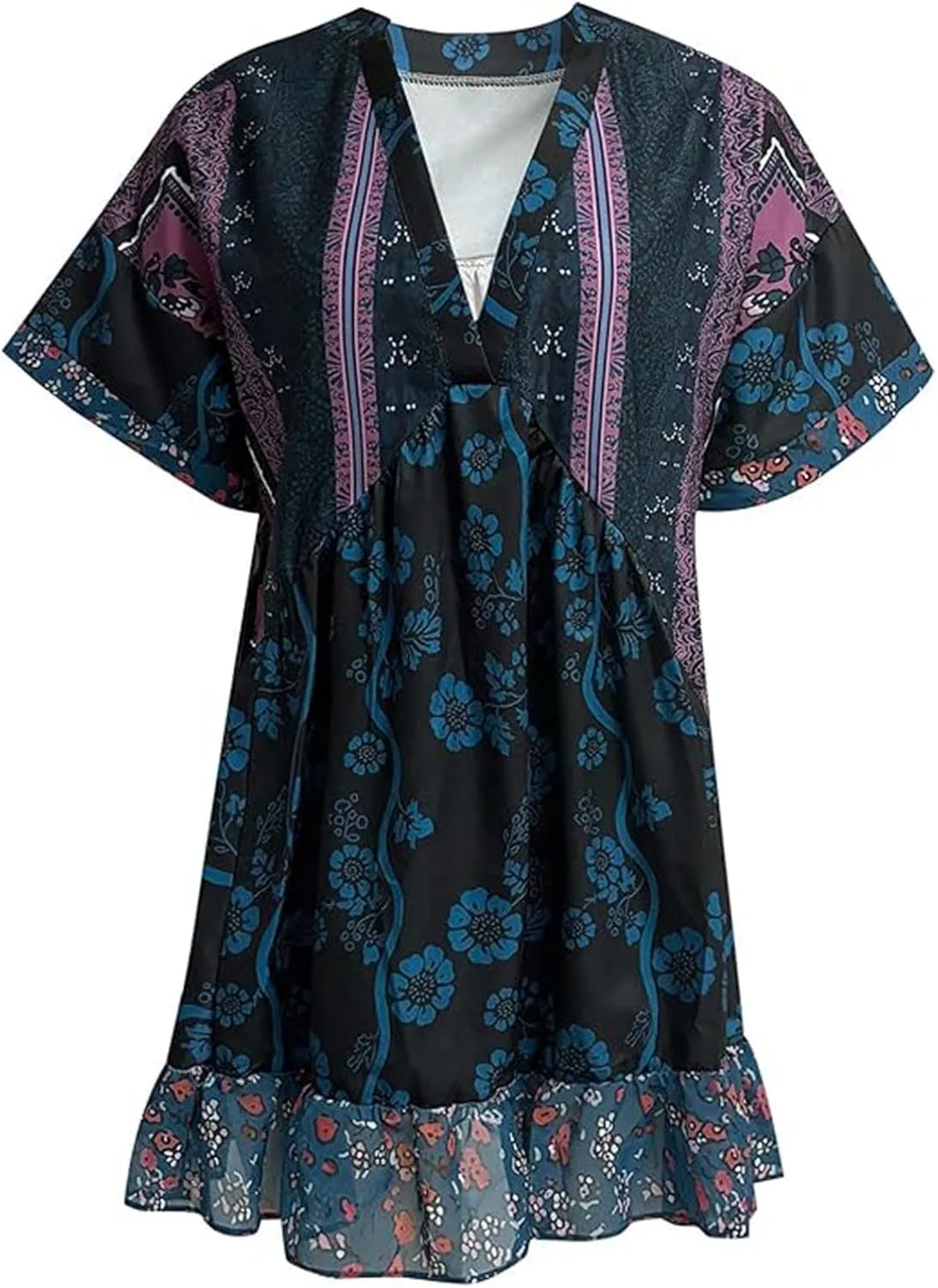 Boho Summer Floral Sundresses for Women 2024 Babydoll Flowy Short Sleeve Beach Mini Dress Deep V-Neck T-Shirt Dresses