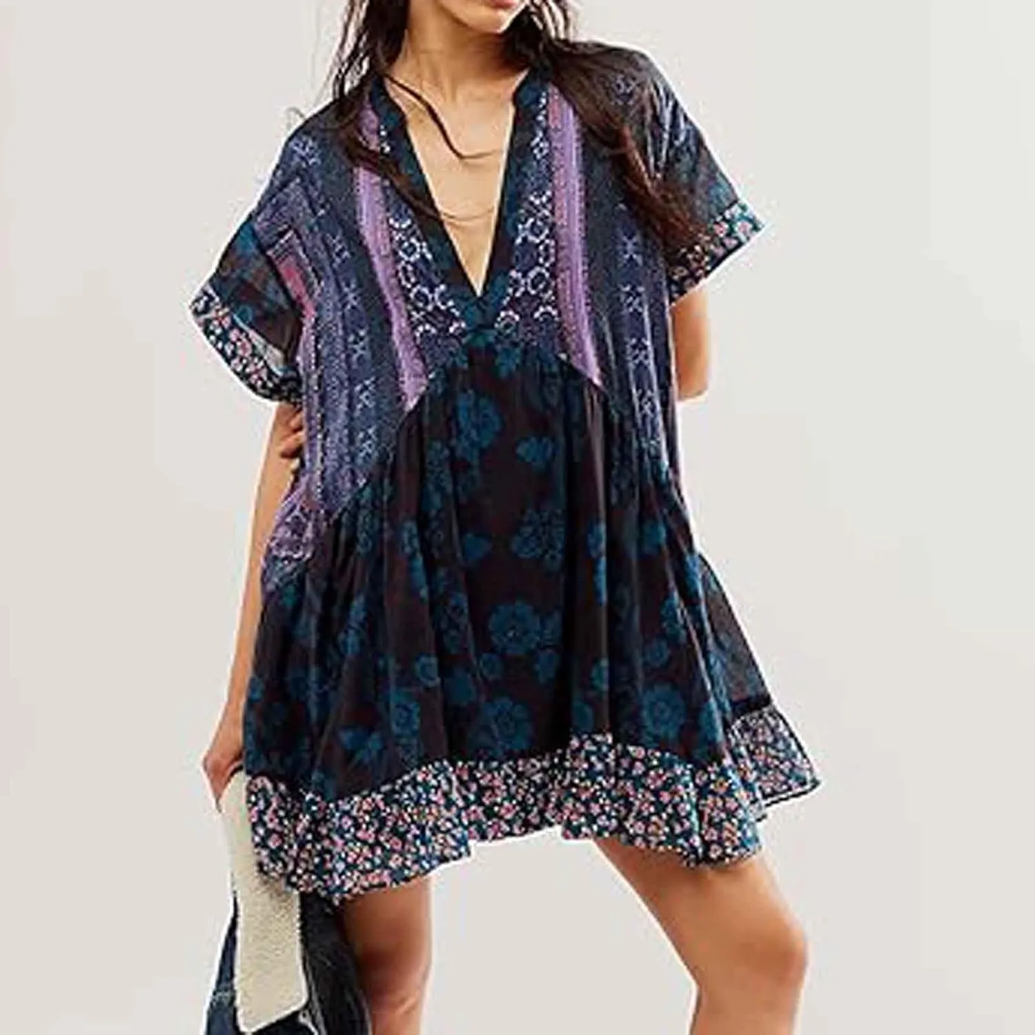 Boho Summer Floral Sundresses for Women 2024 Babydoll Flowy Short Sleeve Beach Mini Dress Deep V-Neck T-Shirt Dresses