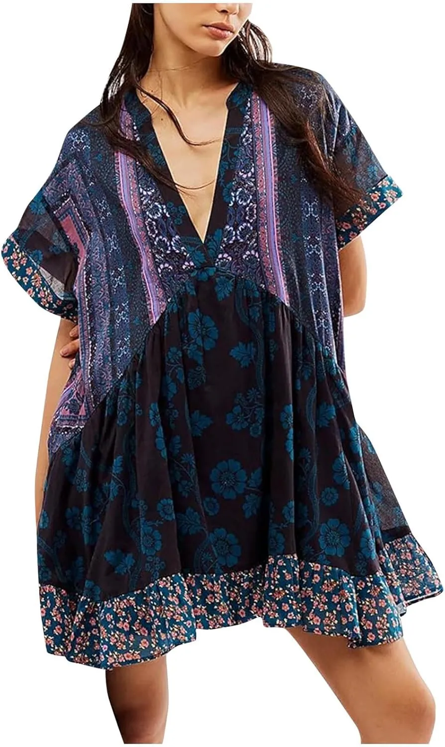Boho Summer Floral Sundresses for Women 2024 Babydoll Flowy Short Sleeve Beach Mini Dress Deep V-Neck T-Shirt Dresses