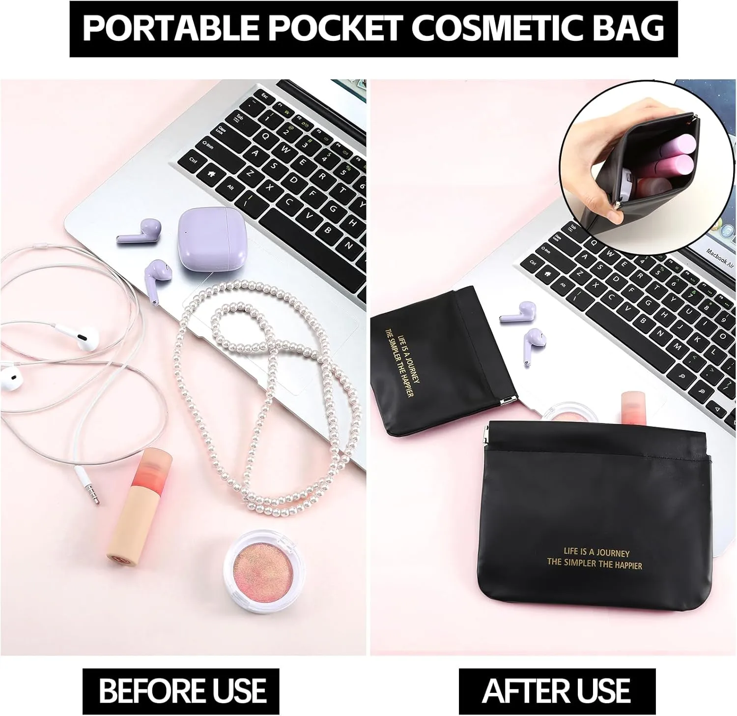 Boobeen 2 Pcs Small Makeup Bags for Purse, Pocket Cosmetic Bags, Squeeze Top Pocket Makeup Bag No Zipper Make up Pouch for Women Waterproof Multifunctional Travel Storage Pouch