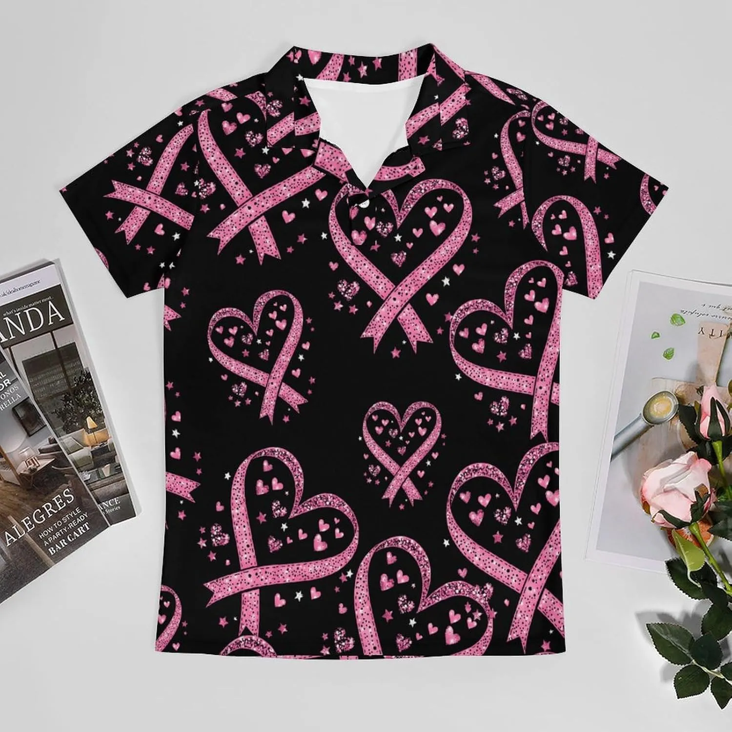 Breast Cancer Awareness Ribbon Heart Men's Polo-Shirt Regular-Fit Short Sleeve Sports Quick Dry Golf Tennis T-Shirt