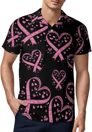 Breast Cancer Awareness Ribbon Heart Men's Polo-Shirt Regular-Fit Short Sleeve Sports Quick Dry Golf Tennis T-Shirt