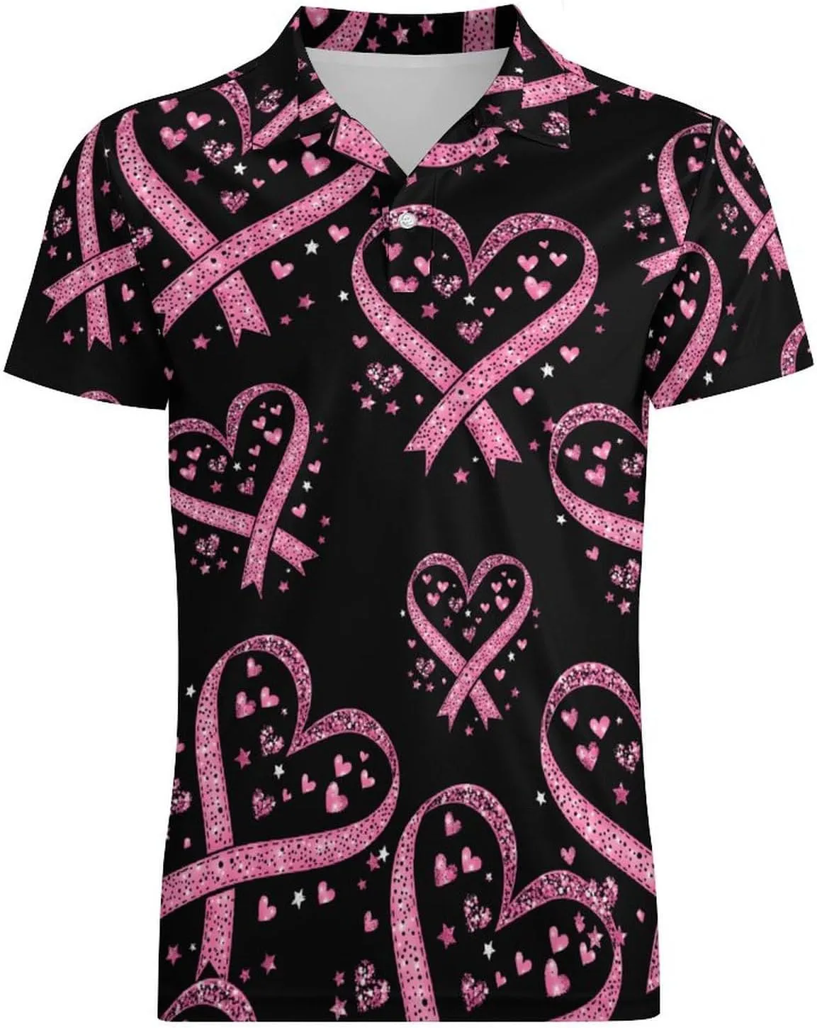 Breast Cancer Awareness Ribbon Heart Men's Polo-Shirt Regular-Fit Short Sleeve Sports Quick Dry Golf Tennis T-Shirt