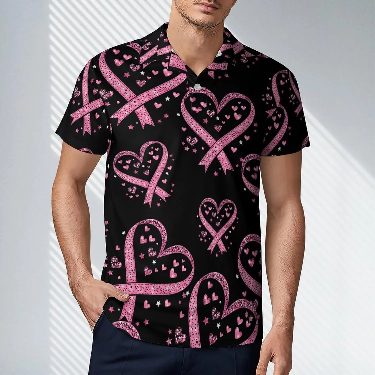 Breast Cancer Awareness Ribbon Heart Men's Polo-Shirt Regular-Fit Short Sleeve Sports Quick Dry Golf Tennis T-Shirt