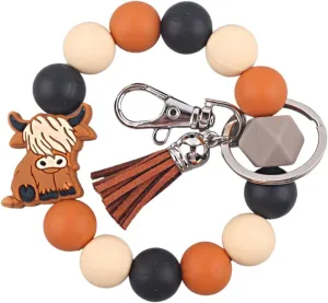 Brown Cowgirl Cowboy Gifts Wristlet Keychain Bracelet Cute Highland Cattle Silicone Bead Tassel Keyring Pendants Charm Accessories for Women Bag Car Key Western Country Cow Yak Jewelry
