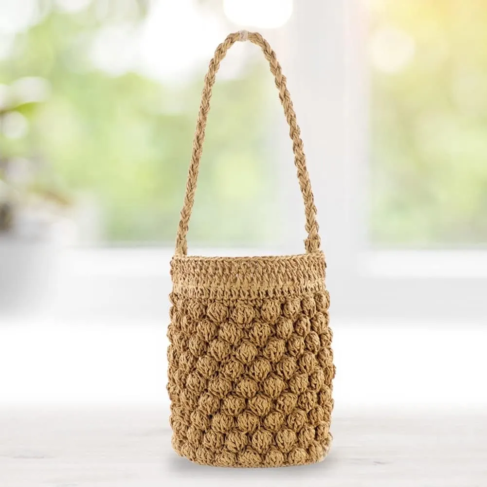 Bucket Bags For Women Handmade Drawstring Beach Shoulder Bags Rattan Woven Handbags