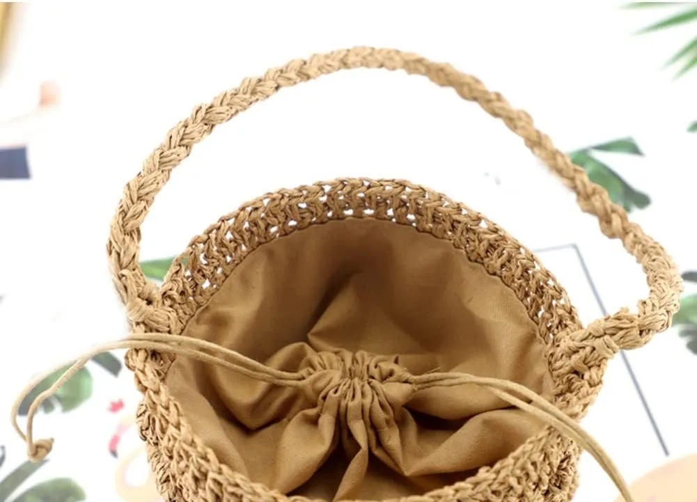 Bucket Bags For Women Handmade Drawstring Beach Shoulder Bags Rattan Woven Handbags