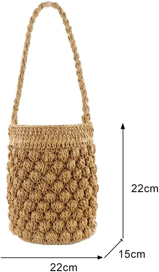 Bucket Bags For Women Handmade Drawstring Beach Shoulder Bags Rattan Woven Handbags