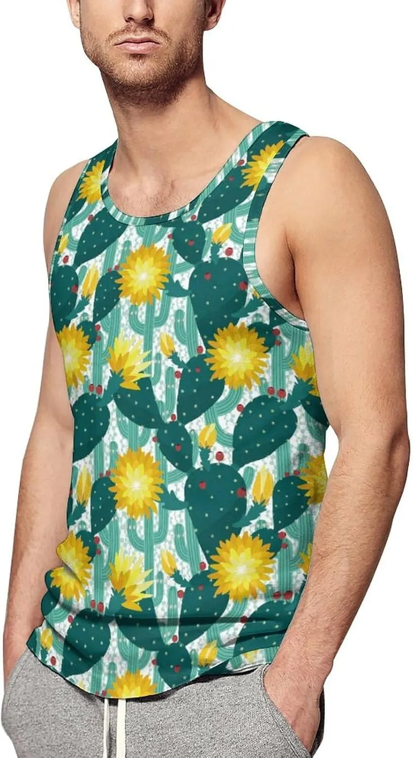 Cactus and Flowers Men's Tank Tops Summer Sleeveless T-Shirts Gym Workout Tee Casual Beach Tee