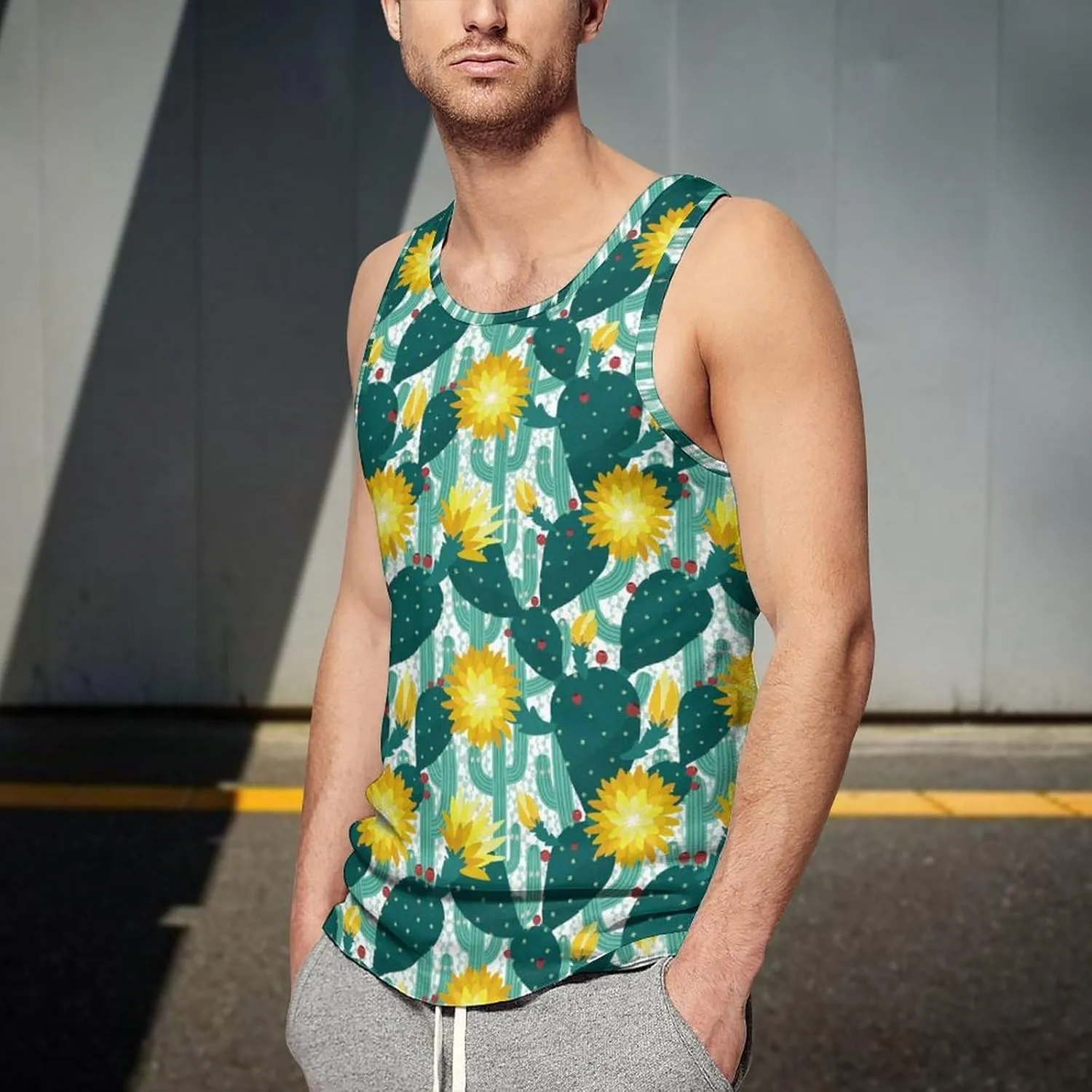 Cactus and Flowers Men's Tank Tops Summer Sleeveless T-Shirts Gym Workout Tee Casual Beach Tee