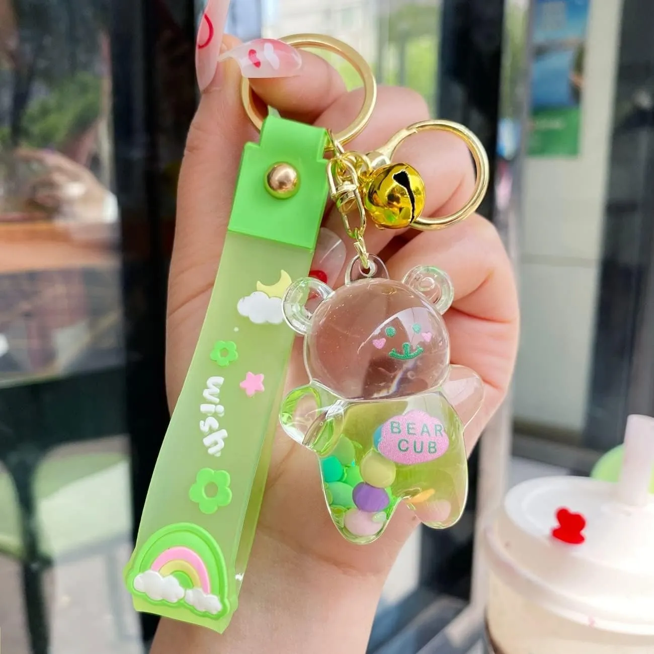 Caiyao Bear Liquid Floating Cute Keychains Bag Charm Wristlet Bracelet Key Ring for Women Girls