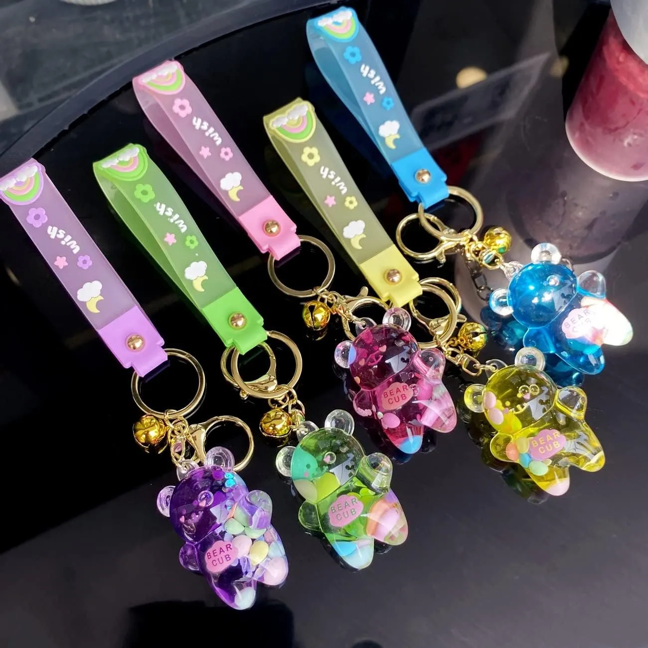 Caiyao Bear Liquid Floating Cute Keychains Bag Charm Wristlet Bracelet Key Ring for Women Girls