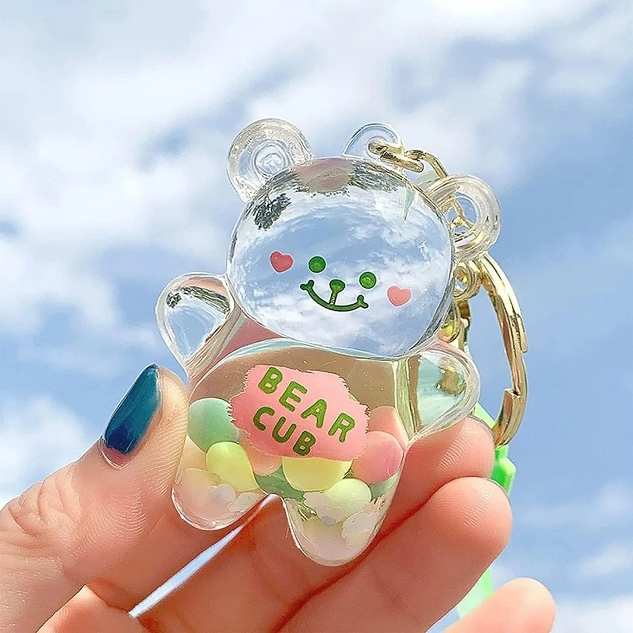 Caiyao Bear Liquid Floating Cute Keychains Bag Charm Wristlet Bracelet Key Ring for Women Girls