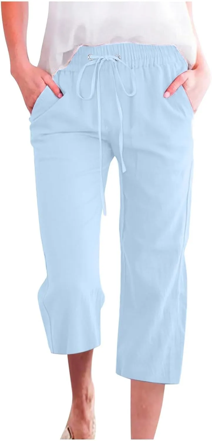 Capri Pants for Women Summer Cotton Linen Cropped Pants Casual Wide Leg Drawstring Elastic Waist Trouser S-3XL