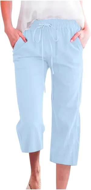 Capri Pants for Women Summer Cotton Linen Cropped Pants Casual Wide Leg Drawstring Elastic Waist Trouser S-3XL