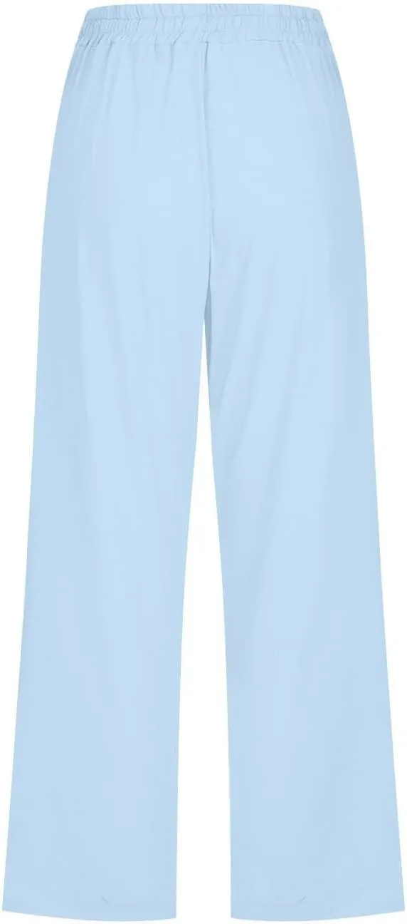 Capri Pants for Women Summer Cotton Linen Cropped Pants Casual Wide Leg Drawstring Elastic Waist Trouser S-3XL