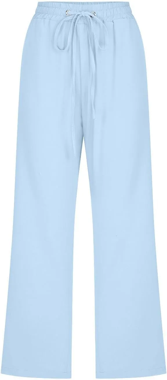 Capri Pants for Women Summer Cotton Linen Cropped Pants Casual Wide Leg Drawstring Elastic Waist Trouser S-3XL