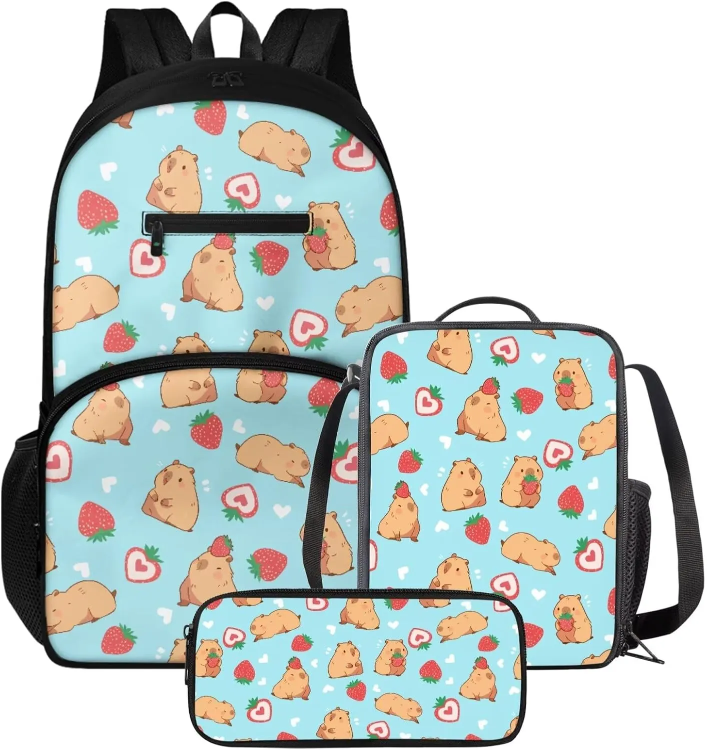 Capybara Backpack Set Strawberry Print Boys Bookbag with Lunch Box Pencil Pouch Boys Elementary Insulated Lunch Bag for Kids Large Capacity Backpack for School
