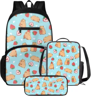 Capybara Backpack Set Strawberry Print Boys Bookbag with Lunch Box Pencil Pouch Boys Elementary Insulated Lunch Bag for Kids Large Capacity Backpack for School