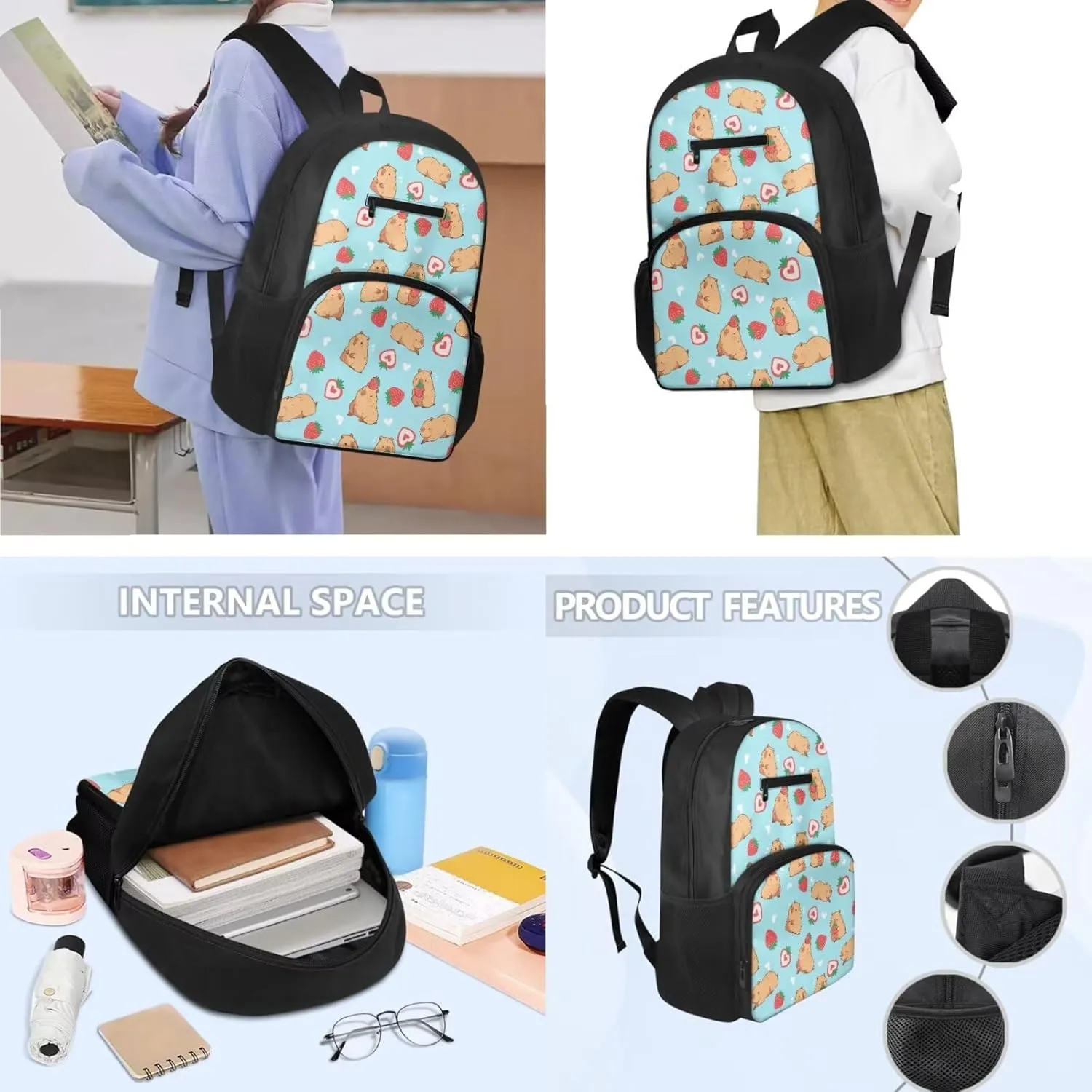 Capybara Backpack Set Strawberry Print Boys Bookbag with Lunch Box Pencil Pouch Boys Elementary Insulated Lunch Bag for Kids Large Capacity Backpack for School