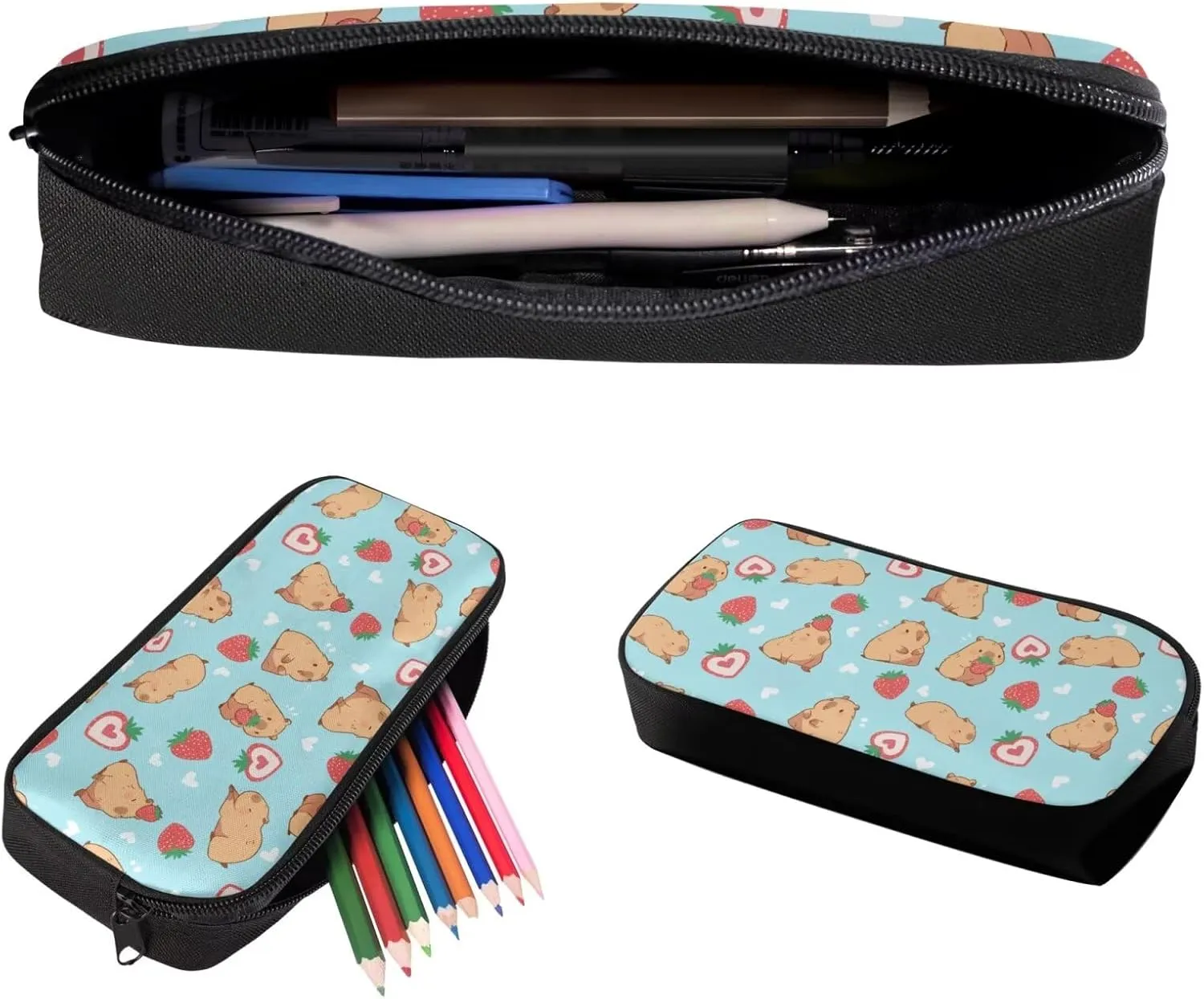Capybara Backpack Set Strawberry Print Boys Bookbag with Lunch Box Pencil Pouch Boys Elementary Insulated Lunch Bag for Kids Large Capacity Backpack for School
