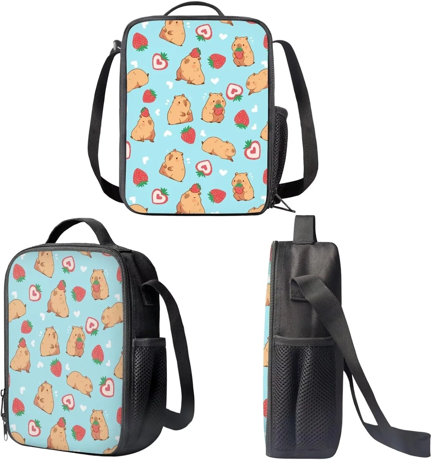 Capybara Backpack Set Strawberry Print Boys Bookbag with Lunch Box Pencil Pouch Boys Elementary Insulated Lunch Bag for Kids Large Capacity Backpack for School