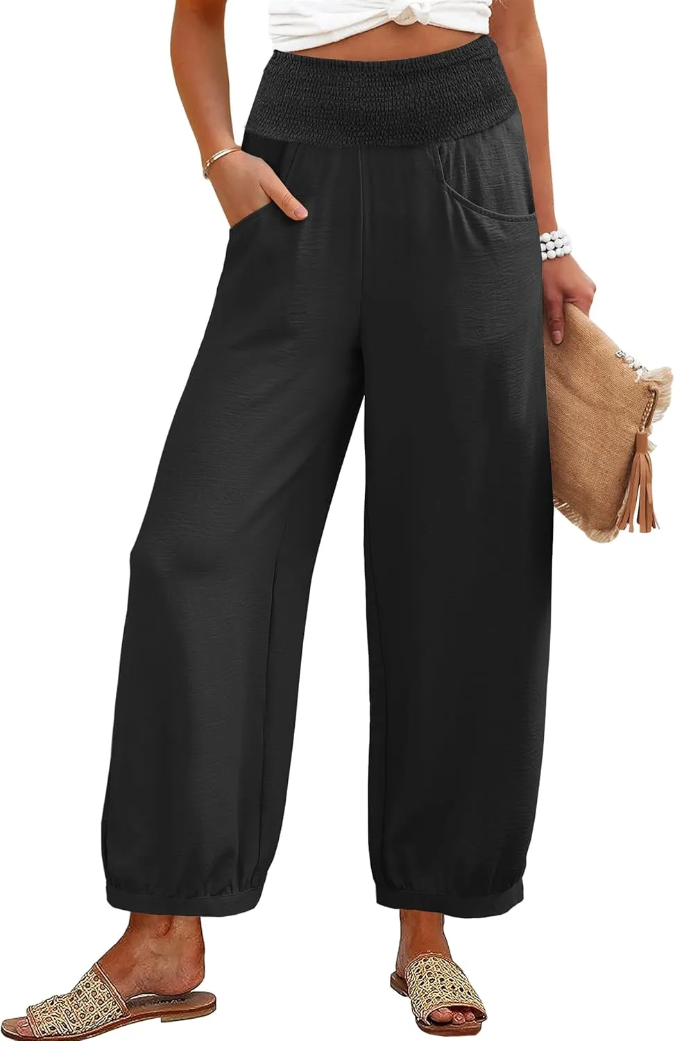 Caracilia Women Wide Leg Flowy Pants 2025 Summer Casual High Waisted Baggy Loose Boho Beach Vacation Palazzo Lantern Pants