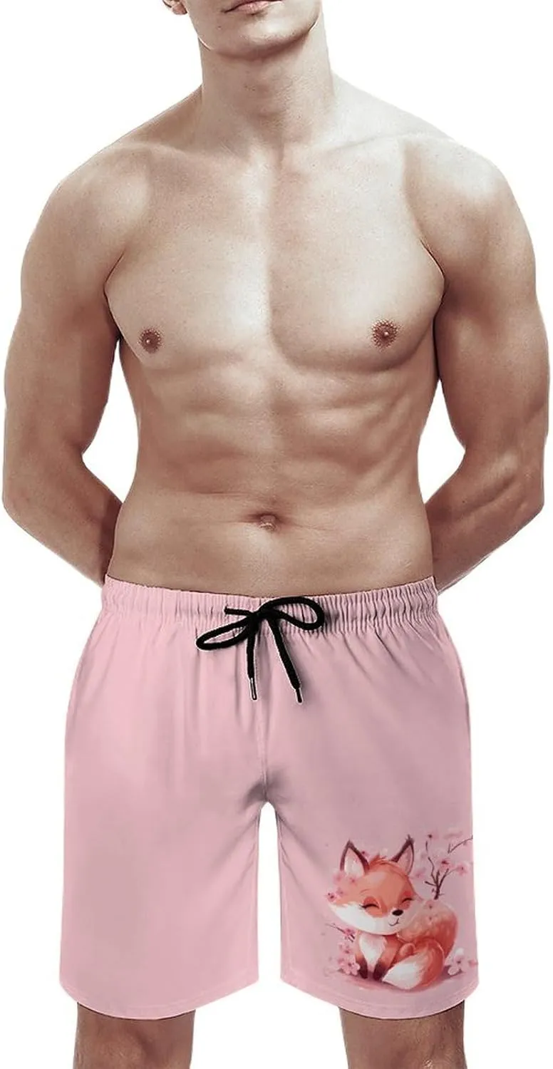 Cherry Flowers Fox Men's Swim Trunks Quick Dry Board Shorts Breathable Summer Beach Shorts Bathing Suits