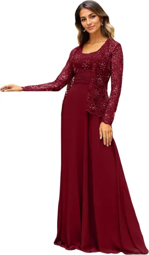 Chiffon Mother of The Bride Dresses for Women Long Sleeve Evening Gown Formal Dresses for Wedding Guest with Jackets