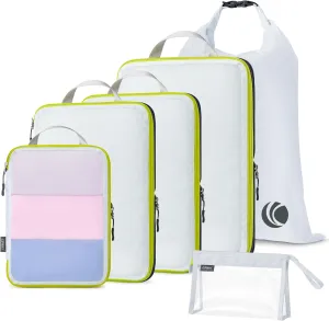 Cipway Compression Packing Cubes, See Through Mesh Luggage Organizer Bags, Travel Essentials for Carry on Suitcase with Laundry Bag and Clear Toiletries Bag6 Pcs,White