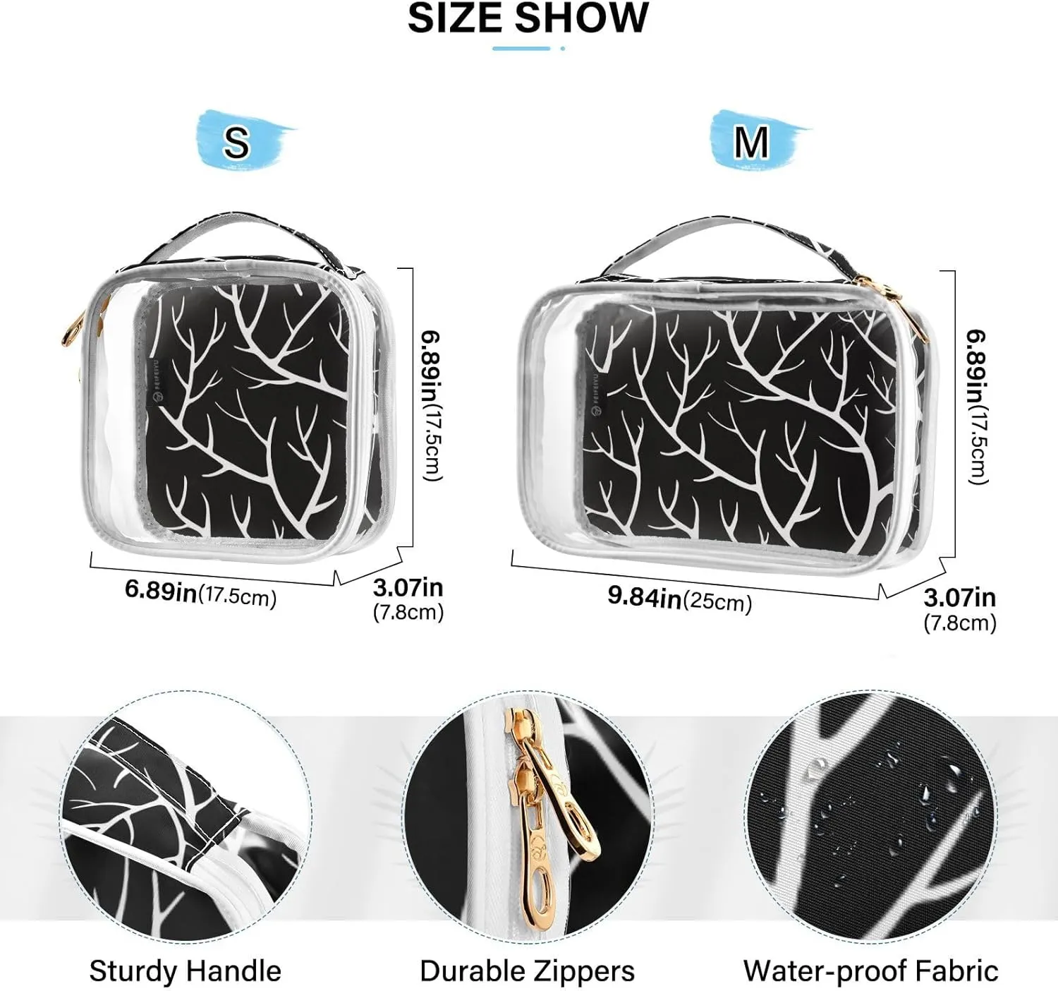 Clear Makeup Bag Clear Travel Toiletry Bag with Zipper Waterproof Clear Organizer Bags Transparent Cosmetic Bag Pouch for Traveling Women Girls 2Pack,Black Branches