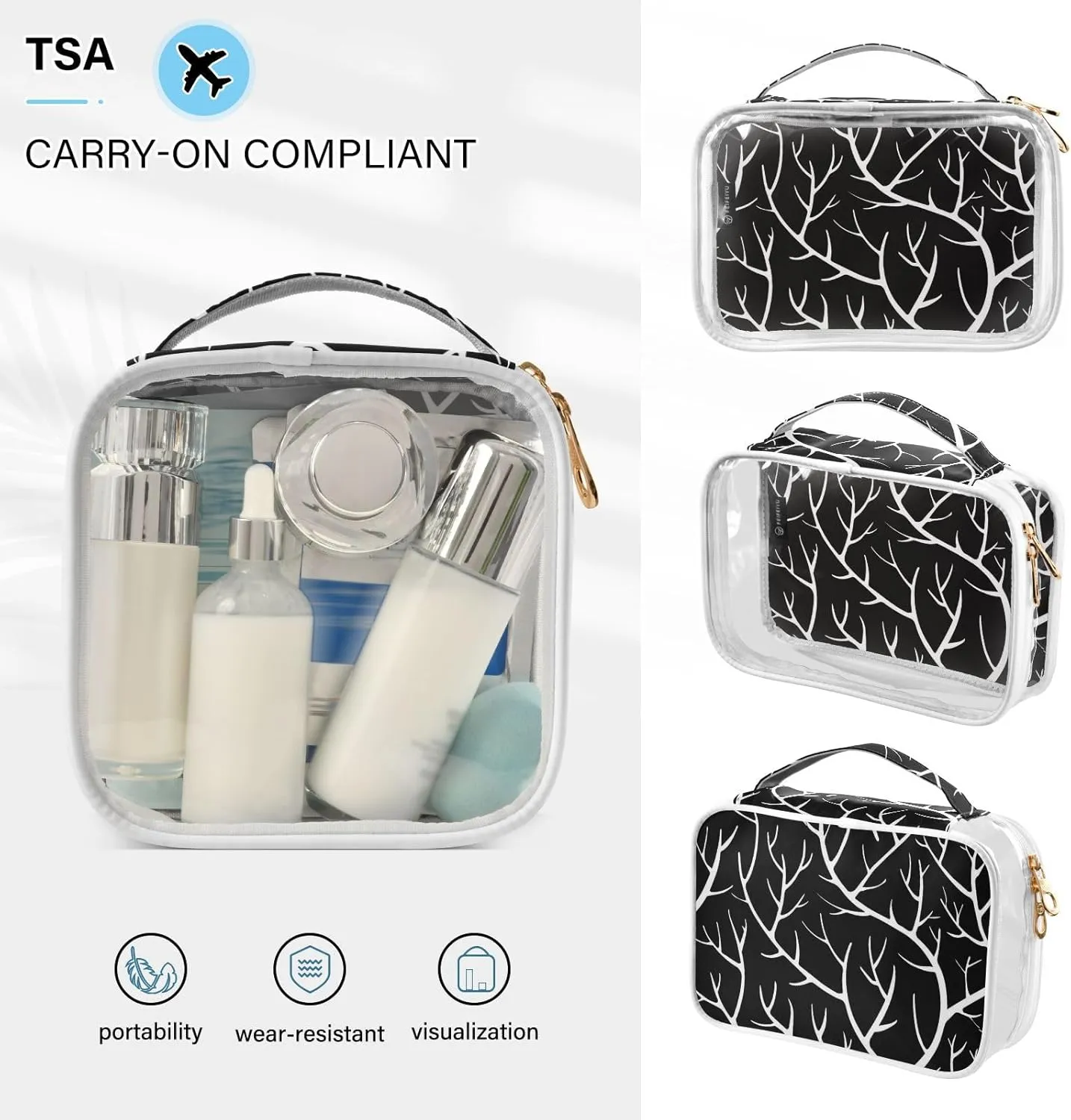 Clear Makeup Bag Clear Travel Toiletry Bag with Zipper Waterproof Clear Organizer Bags Transparent Cosmetic Bag Pouch for Traveling Women Girls 2Pack,Black Branches