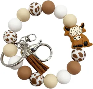 COLORFUL BLING Highland Cow Wristlet Keychain Cattle Elk Silicone Beaded Tassel Keyring Holder Wrist Lanyard for Backpack