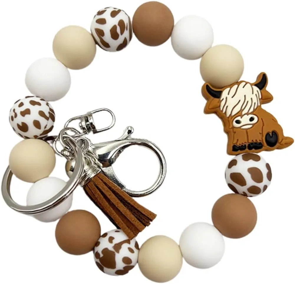 COLORFUL BLING Highland Cow Wristlet Keychain Cattle Elk Silicone Beaded Tassel Keyring Holder Wrist Lanyard for Backpack