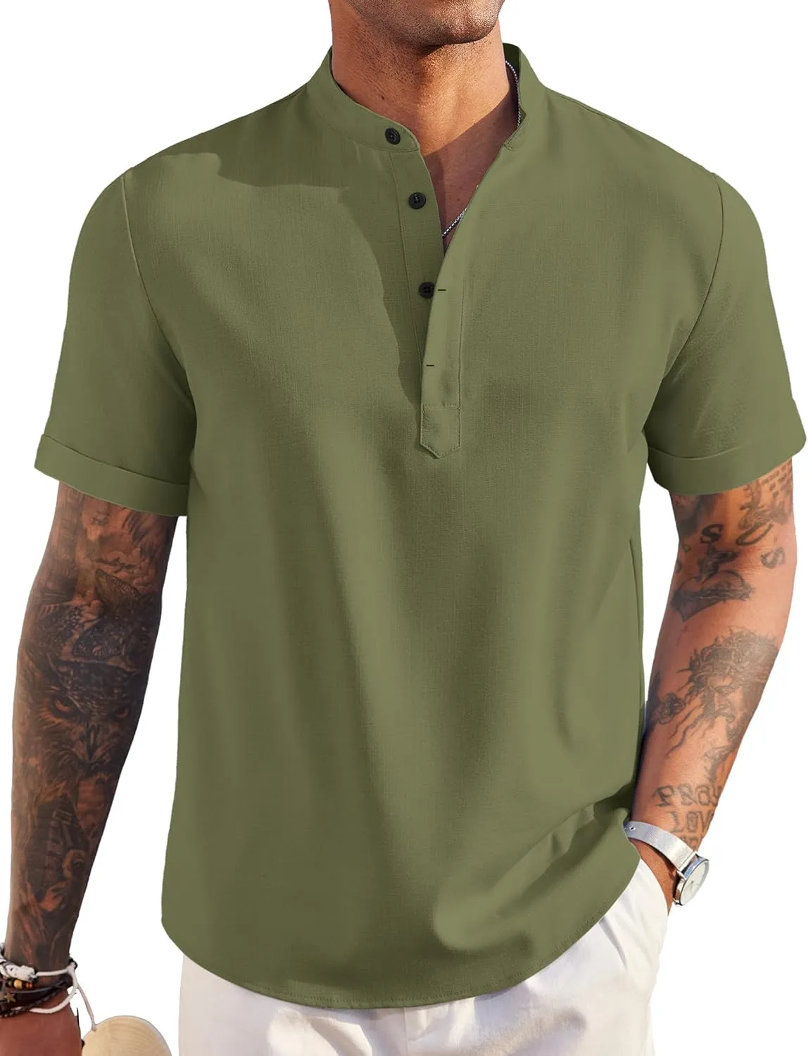 COOFANDY Men's Linen Henley Shirt Short Sleeve Casual Summer Beach Hippie T Shirts