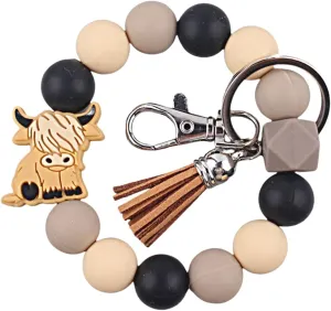Cowgirl Cowboy Gifts Wristlet Keychain Bracelet Cute Animals Highland Cattle Silicone Bead Tassel Keyring Pendants Charm Accessories for Women Bag Car Key Western Country Cow Yak Jewelry