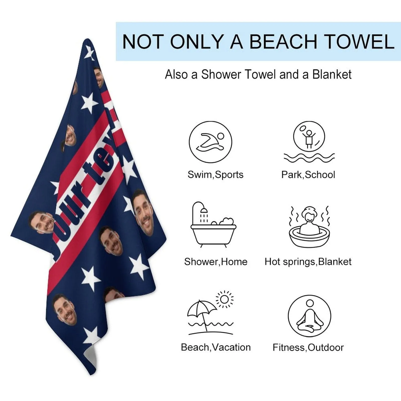 Custom Face&Name USA Flag Beach Towel