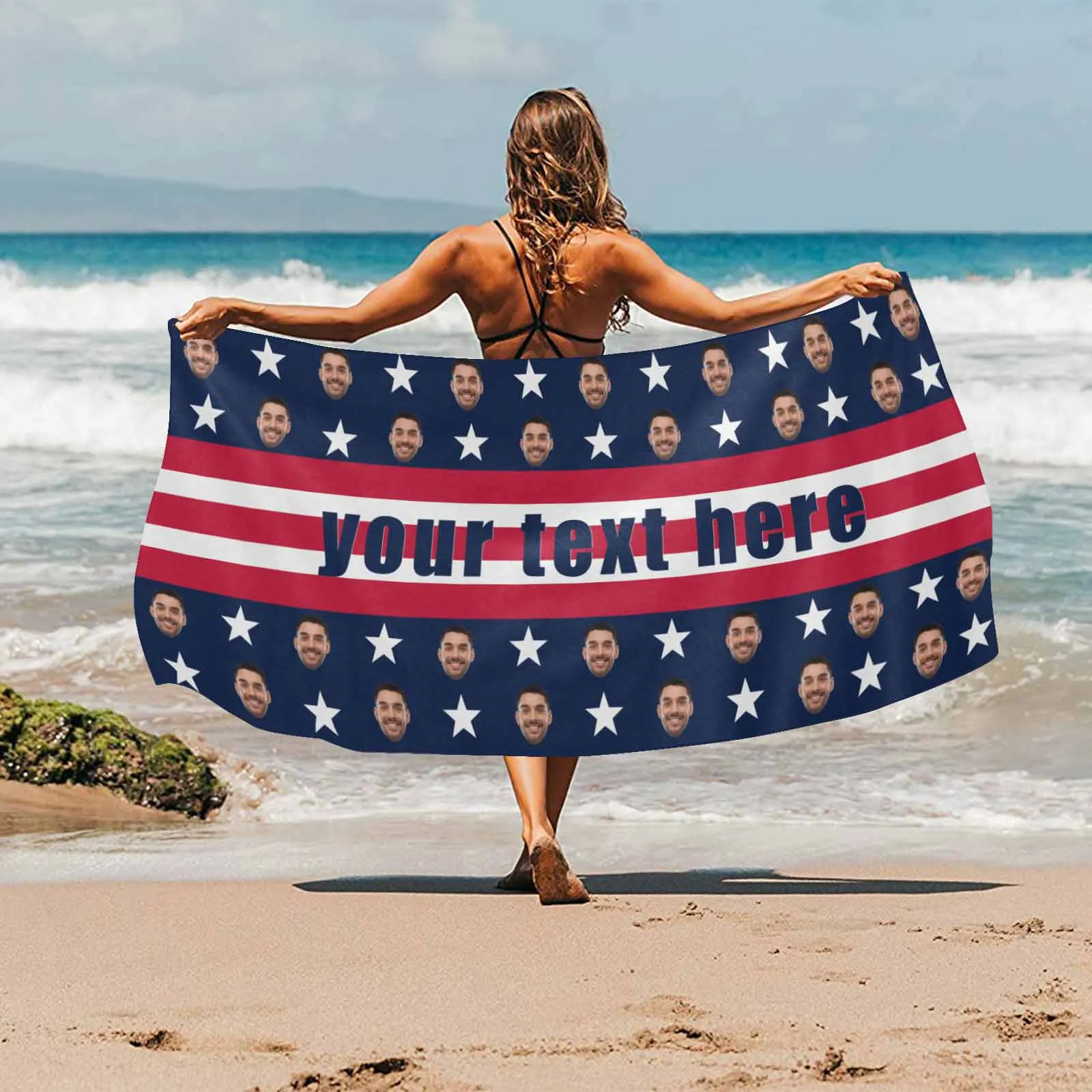 Custom Face&Name USA Flag Beach Towel
