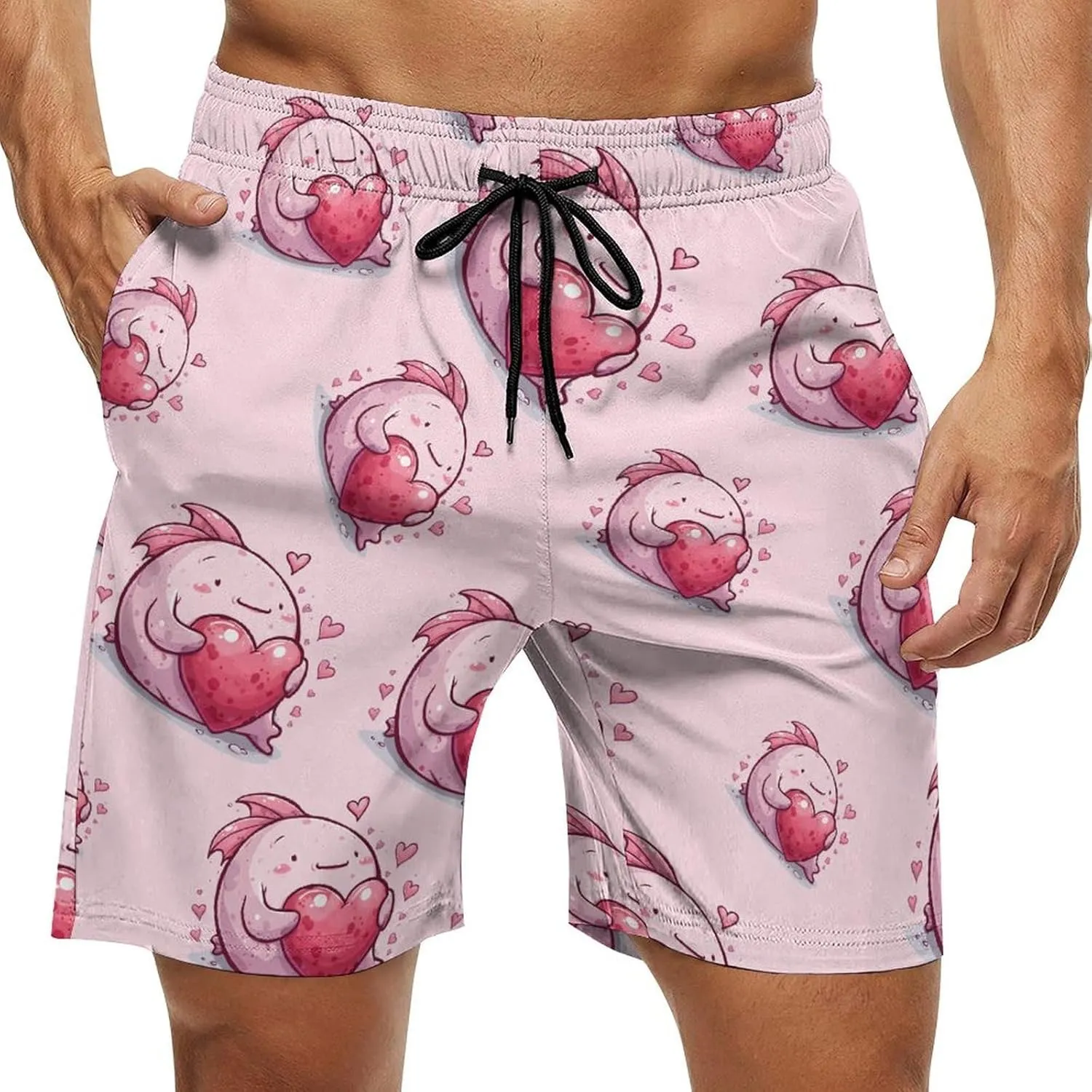 Cute Blobfish Hearts Men's Swim Trunks Quick Dry Board Shorts Breathable Summer Beach Shorts Bathing Suits