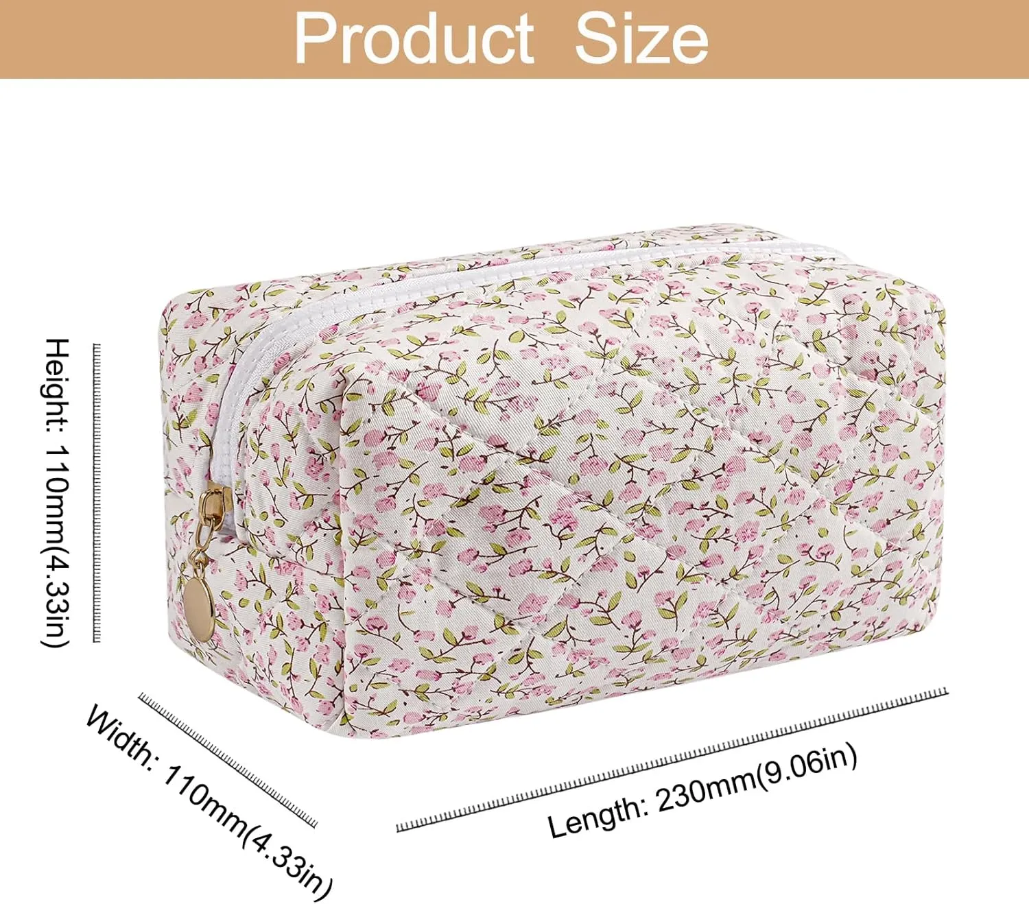 Cute Floral Cotton Makeup Bag for Women, Travel Cosmetic Bag Quilted Zipper Make Up Pouch, Pink Purple Floral Flowers Toiletry Organizer Kawaii Makeup Cosmetic Travel Cloth Bag (Pink)
