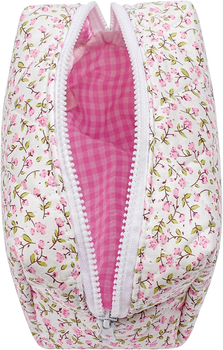 Cute Floral Cotton Makeup Bag for Women, Travel Cosmetic Bag Quilted Zipper Make Up Pouch, Pink Purple Floral Flowers Toiletry Organizer Kawaii Makeup Cosmetic Travel Cloth Bag (Pink)