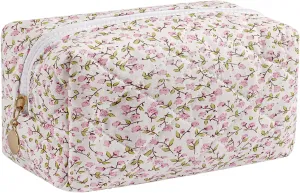 Cute Floral Cotton Makeup Bag for Women, Travel Cosmetic Bag Quilted Zipper Make Up Pouch, Pink Purple Floral Flowers Toiletry Organizer Kawaii Makeup Cosmetic Travel Cloth Bag (Pink)