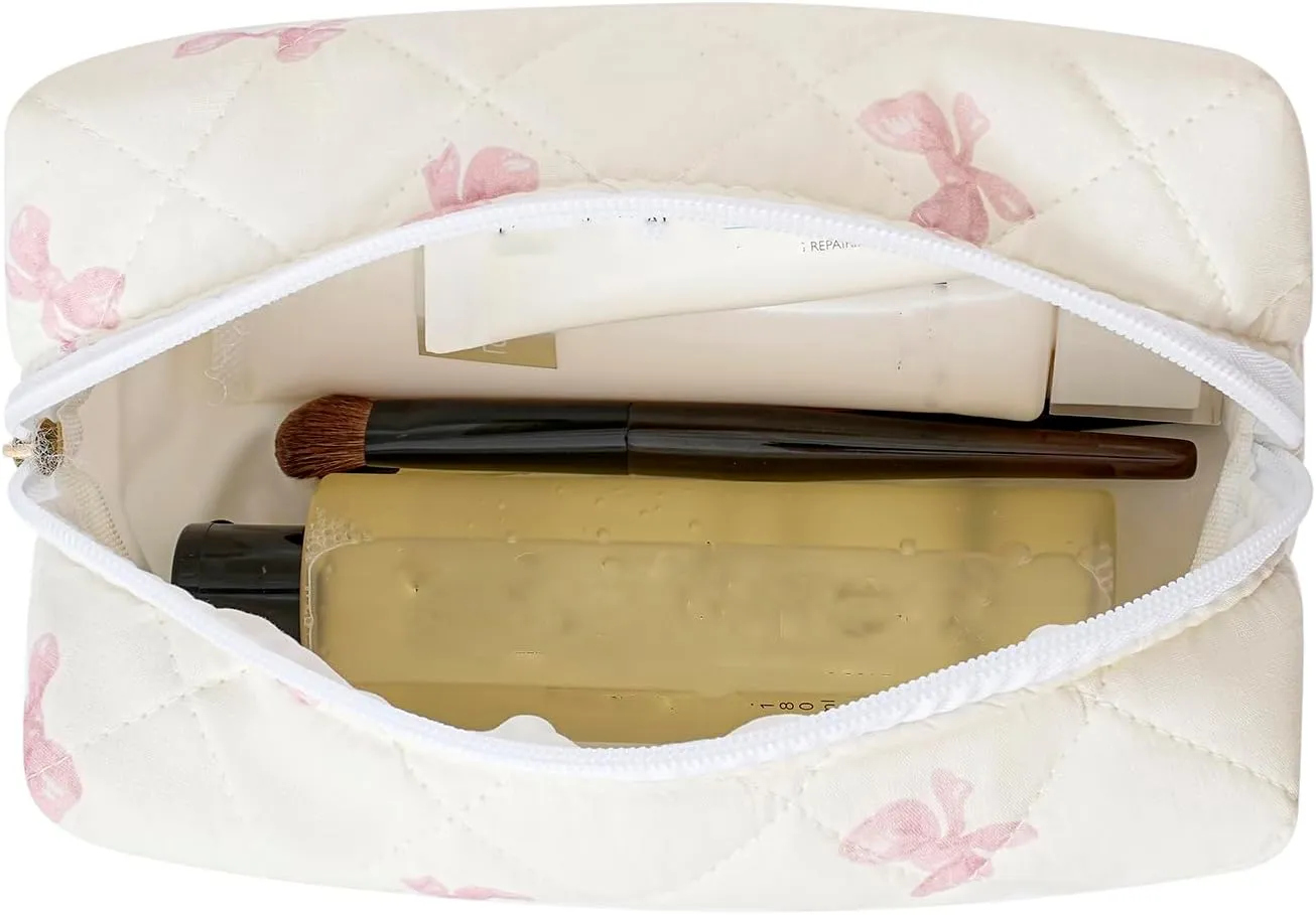 Cute Floral Cotton Makeup Bag, Quilted Makeup Bag for Women Girls, Travel Floral Cosmetic Bag Zipper Make Up Pouch, Flowers Toiletry Organizer Bag (Small Red Bowknot)