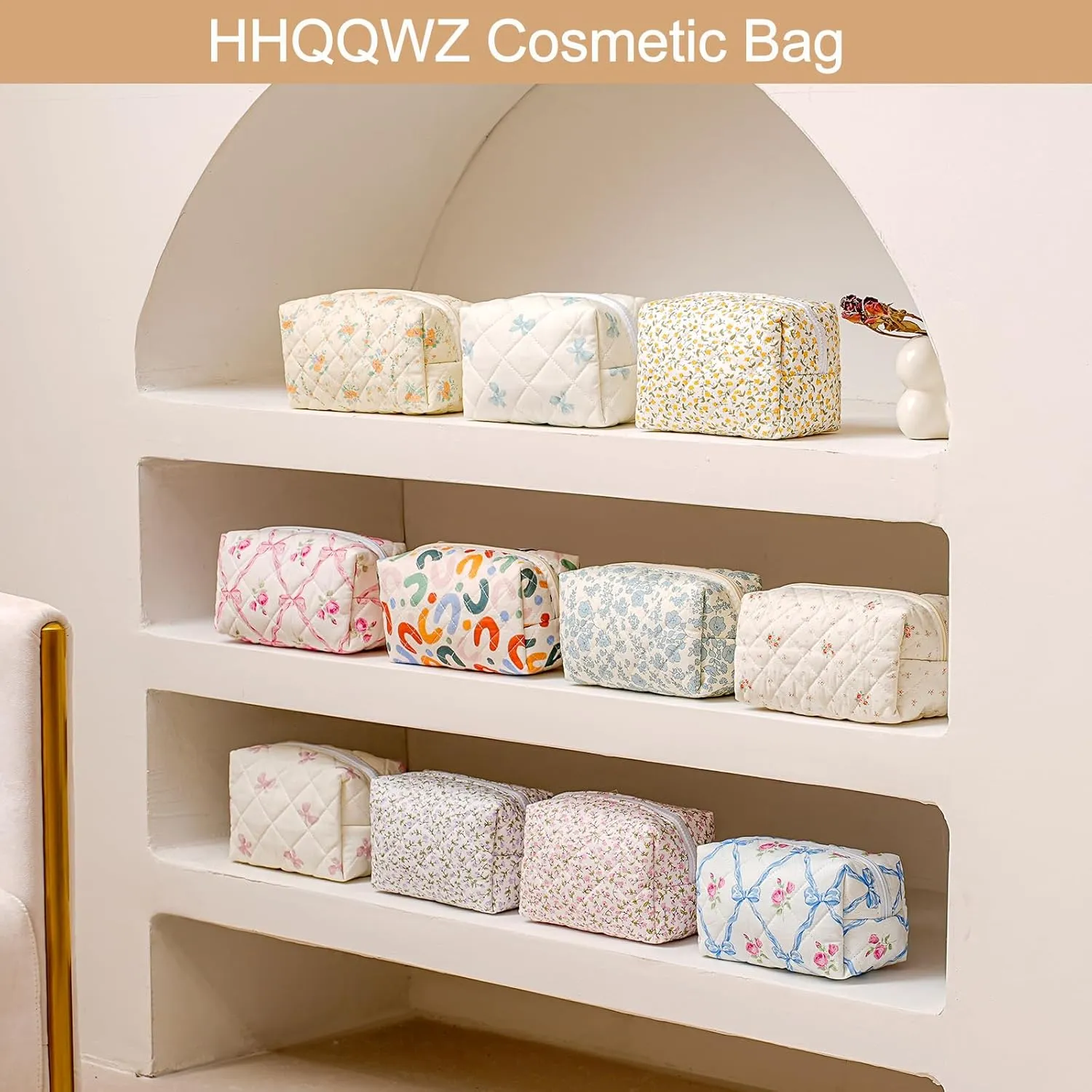 Cute Floral Cotton Makeup Bag, Quilted Makeup Bag for Women Girls, Travel Floral Cosmetic Bag Zipper Make Up Pouch, Flowers Toiletry Organizer Bag (Small Red Bowknot)