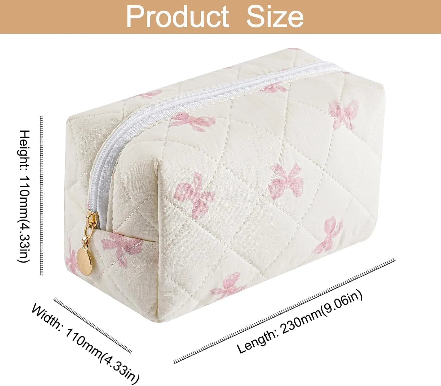 Cute Floral Cotton Makeup Bag, Quilted Makeup Bag for Women Girls, Travel Floral Cosmetic Bag Zipper Make Up Pouch, Flowers Toiletry Organizer Bag (Small Red Bowknot)