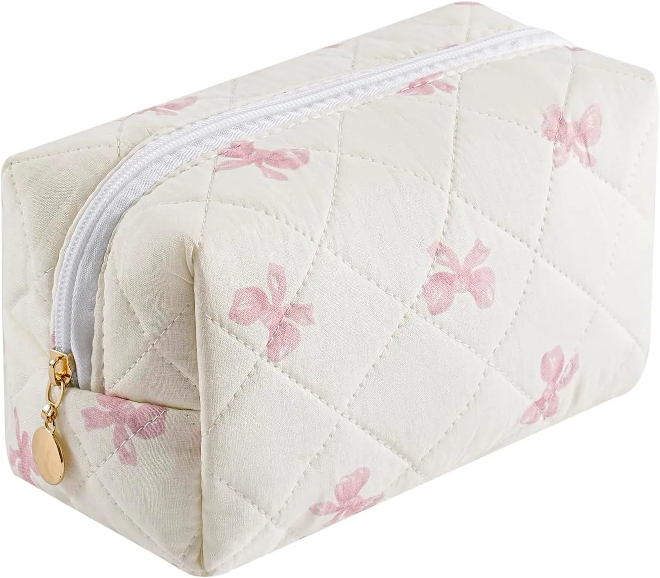 Cute Floral Cotton Makeup Bag, Quilted Makeup Bag for Women Girls, Travel Floral Cosmetic Bag Zipper Make Up Pouch, Flowers Toiletry Organizer Bag (Small Red Bowknot)