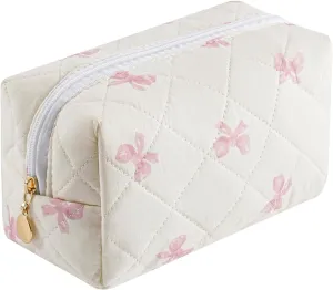 Cute Floral Cotton Makeup Bag, Quilted Makeup Bag for Women Girls, Travel Floral Cosmetic Bag Zipper Make Up Pouch, Flowers Toiletry Organizer Bag (Small Red Bowknot)