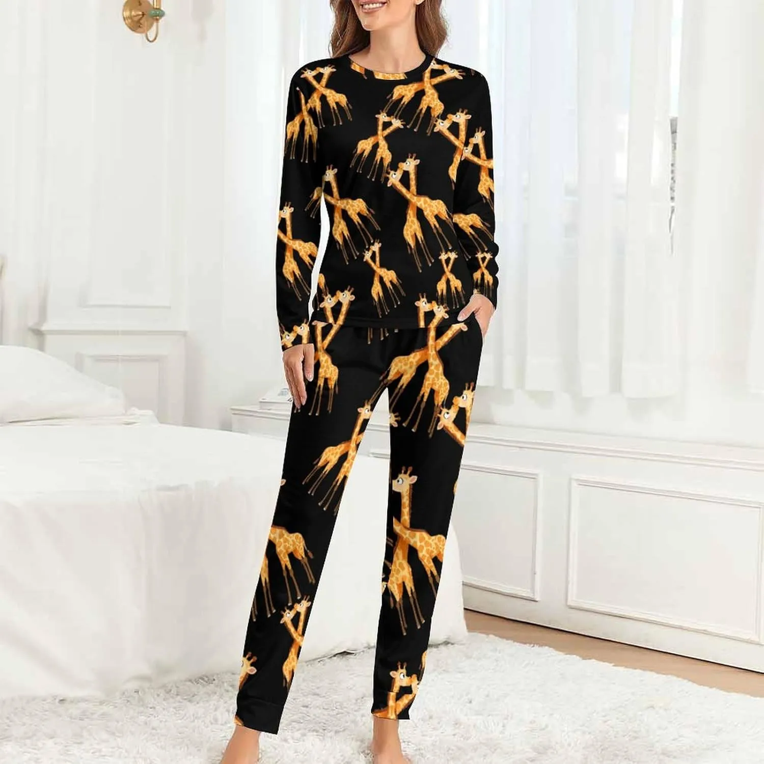 Cute Giraffe Couple Women's Pajama Set Long Sleeve T-shirts Top & Pant Comfort Sleepwear Loungewear
