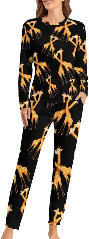 Cute Giraffe Couple Women's Pajama Set Long Sleeve T-shirts Top & Pant Comfort Sleepwear Loungewear