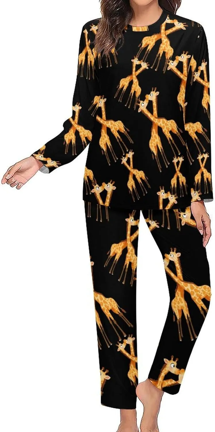 Cute Giraffe Couple Women's Pajama Set Long Sleeve T-shirts Top & Pant Comfort Sleepwear Loungewear